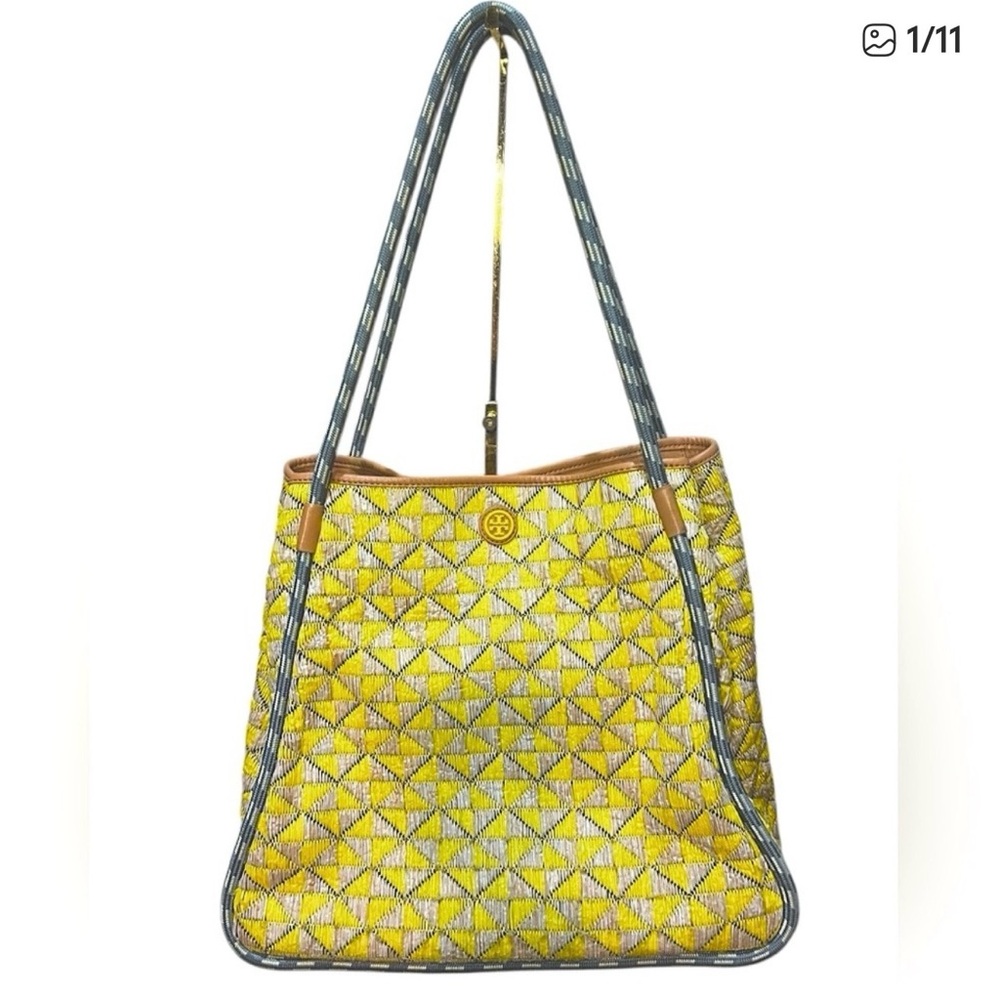 TORY BURCH Woven raffia and leather tote beach weekender bag. 🩵💛